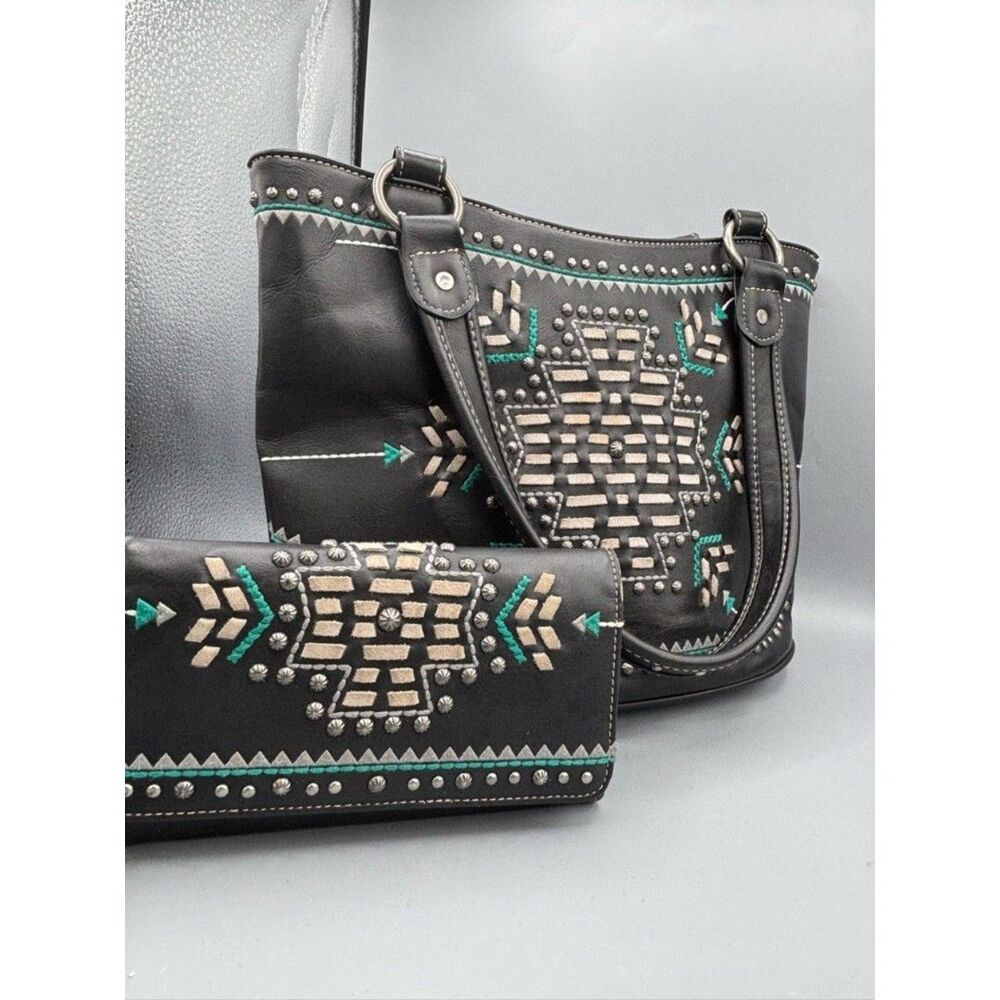 Black Studded Southwestern Tote and Wallet Set